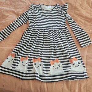 Striped Black and White Halloween Dress with Cute Ghost Design